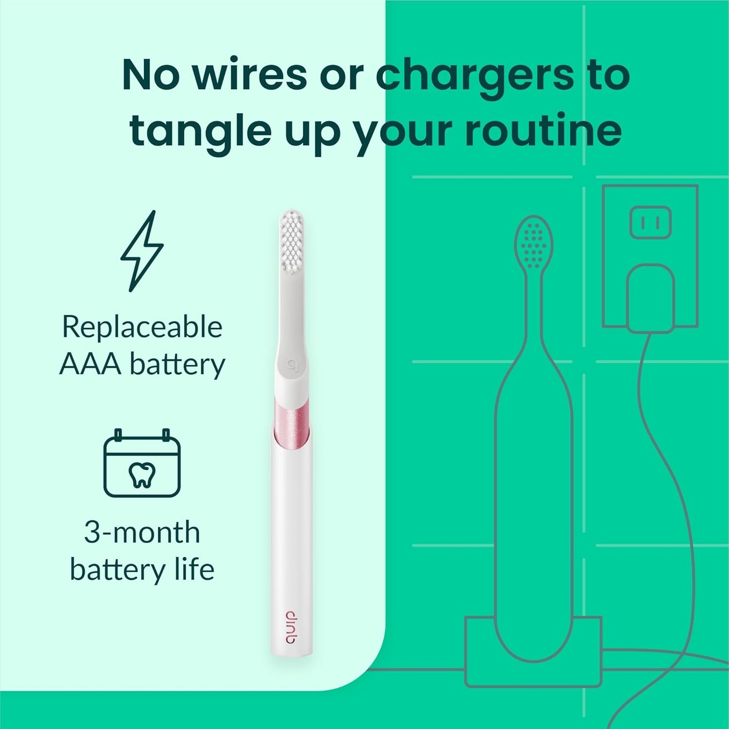 Quip Sonic Toothbrush for Adults with Timer - Includes Extra Brush Head and Travel Cover Mount - Electric, Soft Bristle Refill Head, Metal Handle, 3 Month Battery Life - Travel Toothbrush - Pink