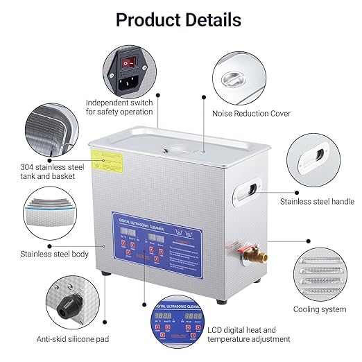 Industrial Heated Ultrasonic Cleaner 6.5L 180W 40kHz，Digital Timer & Temperature Control 0-80°C，Stainless Steel Tank for Tools, Electronics, Jewelry, and Precision Parts