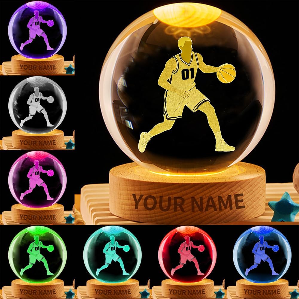 Personalized Basketball Crystal Night Light Gift for Men Women, Custom Name/Number Basketball Player 3D Crystal Ball Night Light Lamp for Bedroom Room Sports Decor Party Bar Christmas Birthday Gift