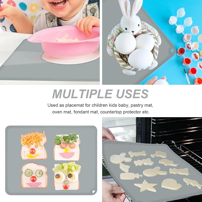 Silicone Placemat for Toddles Kids Non-Slip Reusable Portable Baby Placemats for Restaurant Stain-Proof Children Food Mats Eating Table Mat 2 Pack (Silver Gray)