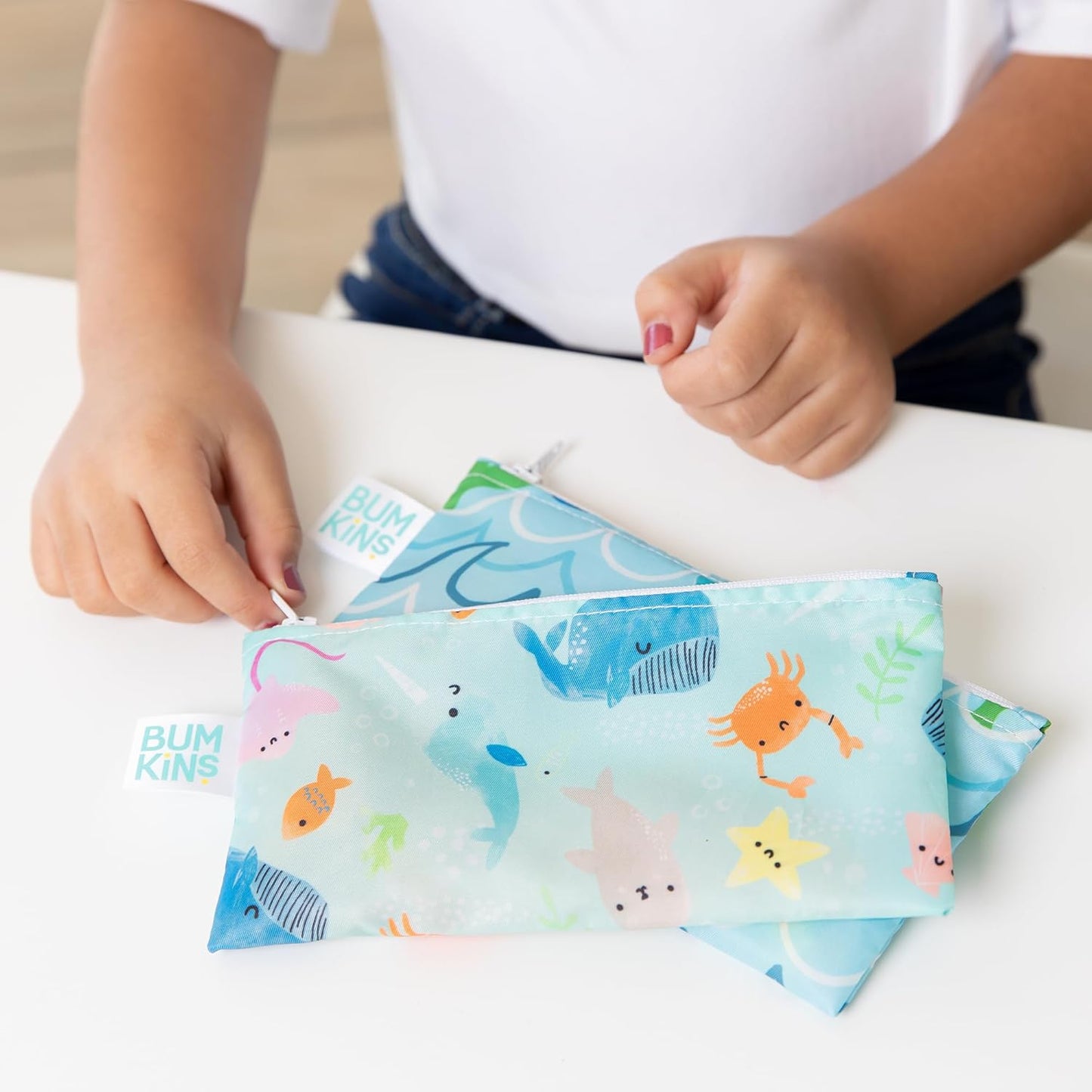 Bumkins Reusable Snack Bags, for Kids School Lunch and for Adults Portion, Washable Fabric, Waterproof Cloth Zip Bag, Supplies Travel Pouch, Food-Safe Storage, 2-pk Blue Ocean Life