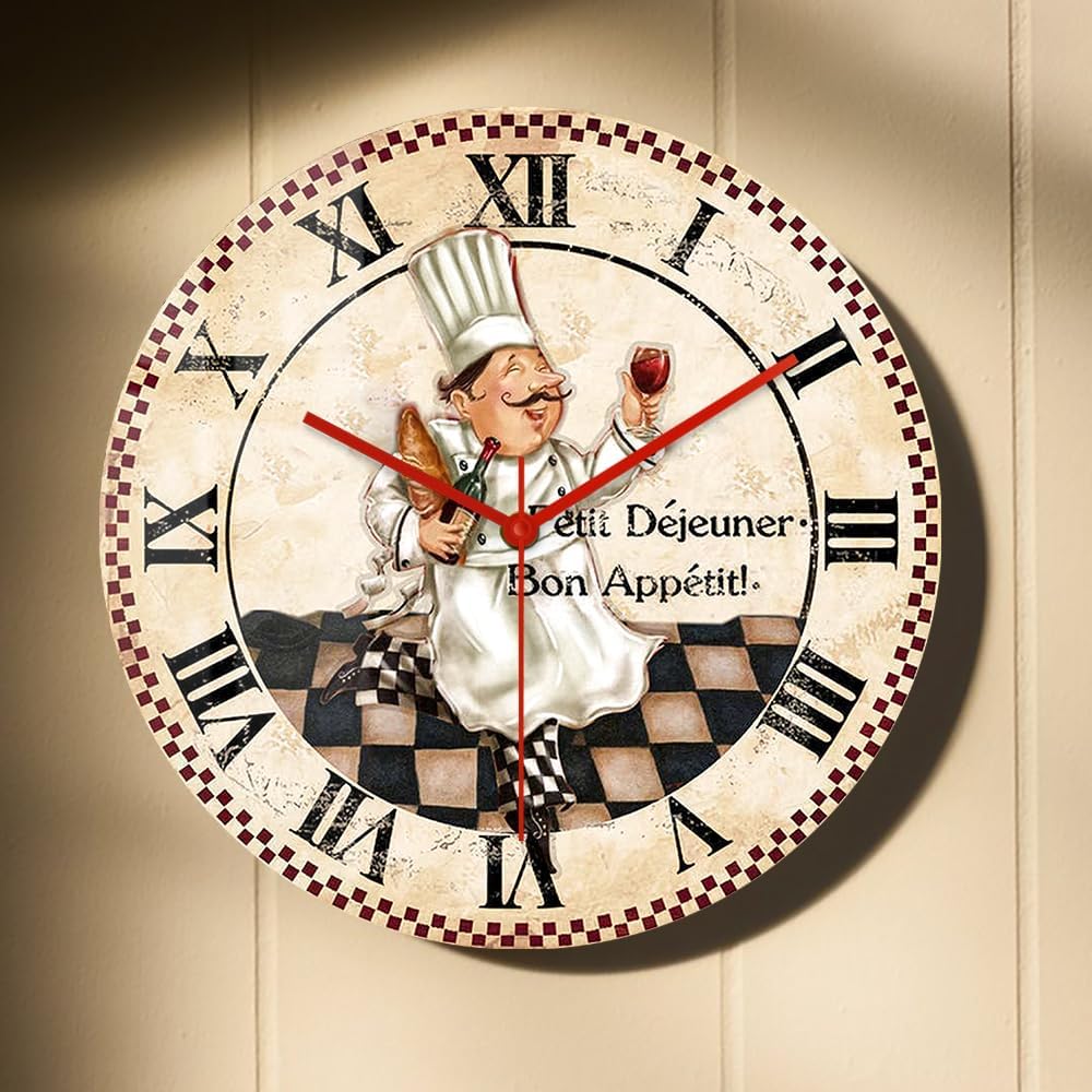 15 Inch Kitchen Wall Clock Roman Numerals, Vintage Decorative Wall Watch Clock Silent Quartz Non Ticking Battery Operated Round Wall Art Clock for Restaurant Dining Room Farmhouse Chef Gift