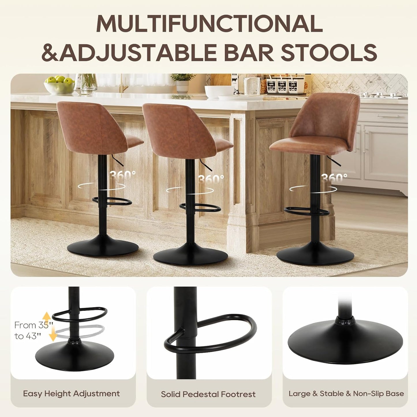 COLAMY Bar Stools Set of 4, Modern Swivel Bar Chairs, Adjustable PU Leather Upholstered Barstools Counter Height with Full Backrest for Bar, Dining Room, Kitchen Island, Brown