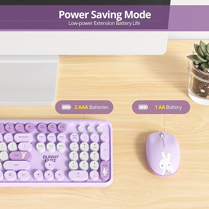 Owpkeenthy Cute Purple Keyboard and Mouse Wireless, Colorful Keyboard Retro Typewriter Style Full-Sized with Number Pad Round Keys for Desktop, Laptop and Computerr (Bunny Purple)