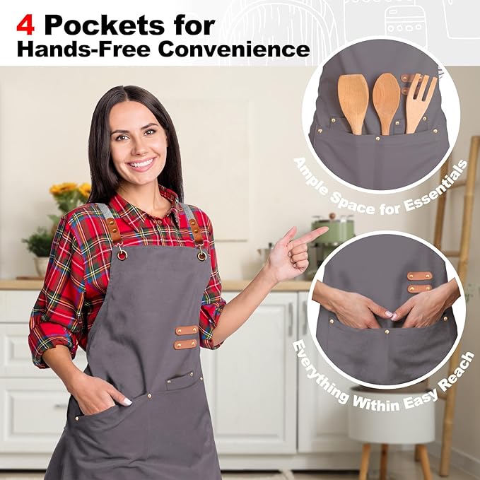 chef apron bib tool apron for man woman cross back straps with 4 pockets for kitchen cooking gardening baking working