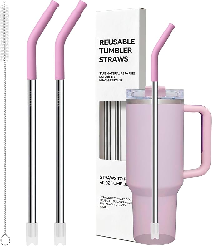 Stainless Steel Straws For Stanley 40 oz Tumble With Silicone Tip, 12.2'' Long Metal Straws Replacement for Stanley Quencher H2.0 40oz Cups,Fit Simple Modern 40oz Big Mugs& Jar(Purplish Pink)