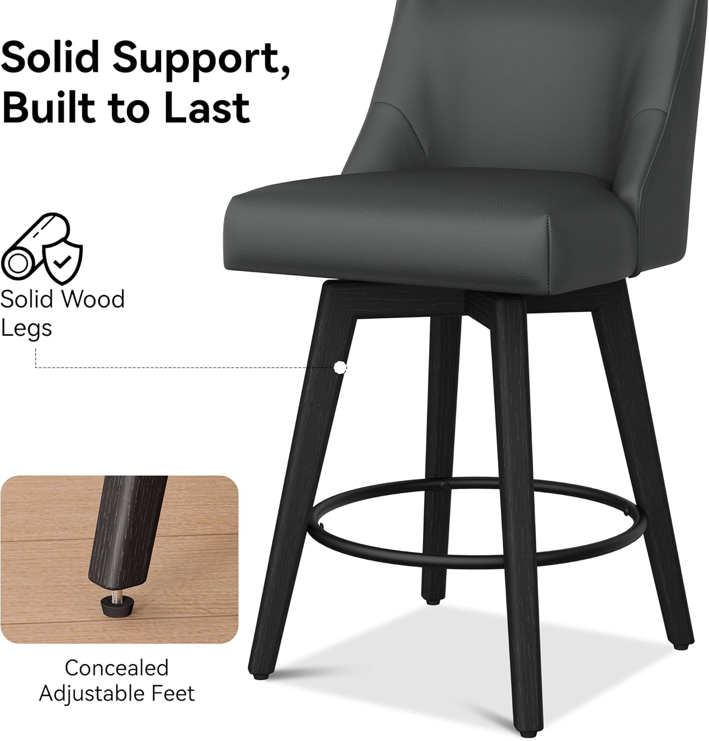 Counter Height Bar Stools Set of 2, Modern Swivel Barstools with Back and Wood Legs, Faux Leather Upholstered Counter Height Stools, 26" H Kitchen Island Stools,Home Bar, Black Grey