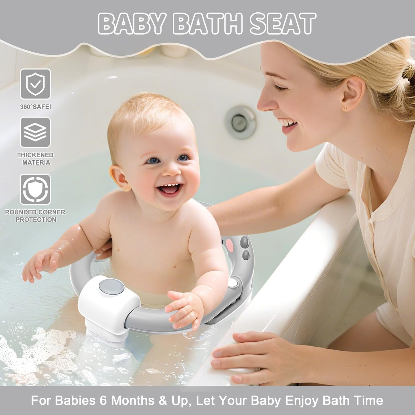 TPN Baby Bath Seat for Babies 6 Months & Up, Non-Slip Toddler Bath Seat with 5 PCS Waterproof Emoji Stickers, Portable Infant Bath Seat for Baby(Grey)