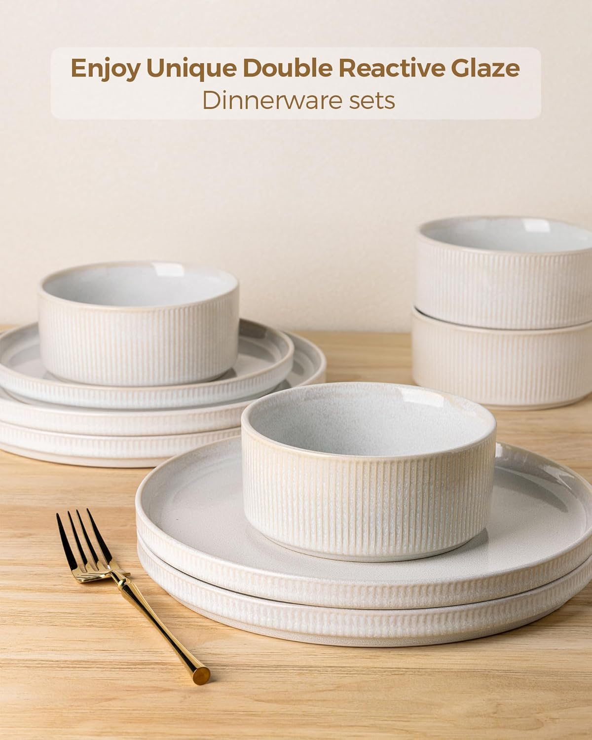 GBHOME Stoneware Dinnerware Sets for 4, Round Reactive Glaze Ceramic Plates and Bowls Set, Highly Scratch Resistant | Dishwasher & Microwave Safe ，Service for 4(12Pcs)