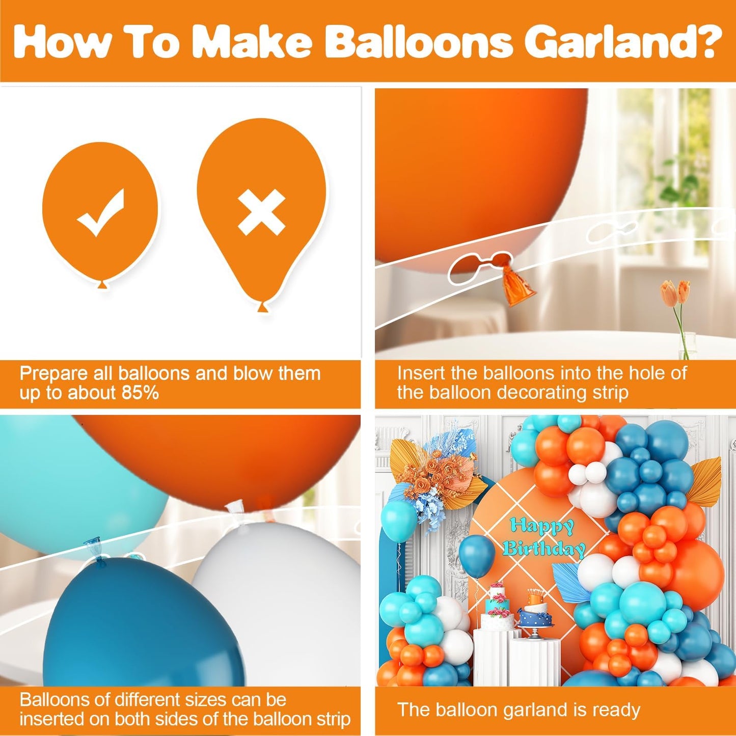 GRESATEK Orange-Blue-White Balloon Arch Garland Kit, Teal Blue Peacock White Latex Balloons, Blue & Orange White Party Balloons for Birthday, Wedding, Baby Shower, Party Supplies