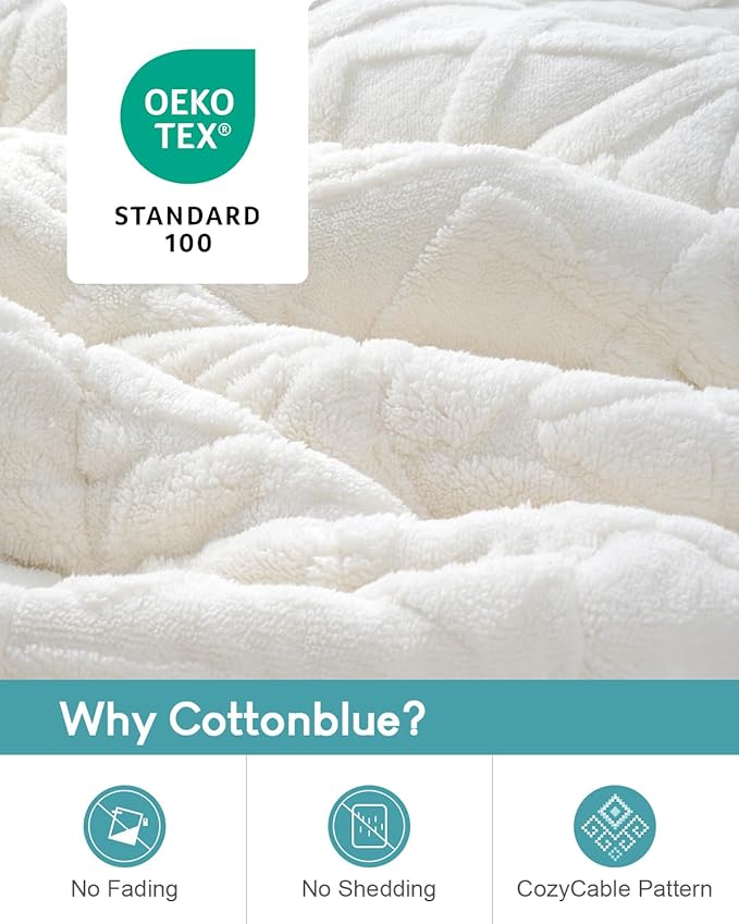 Cottonblue Weighted Blanket 15lbs for Twin/Full Ded - Plush Jacquard Sherpa Bed Blanket for Deep Sleep and Relaxation, Heavy Calm Blankets with Cemaric Beads, 48x72 Inches, Cream White