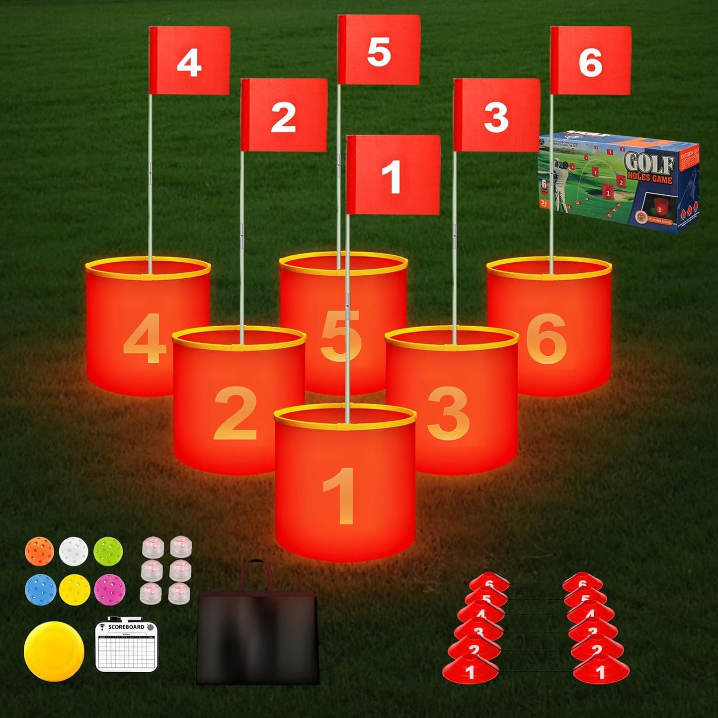 Golf Yard Bucket Games, 6 Holes Golf Practice Game with Flag, Indoor Outdoor Golf Chipping Game for Park, Beach, Backyard, Lawn