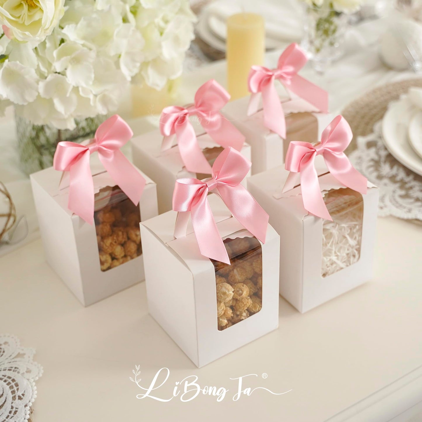 LiBongTa 36 PCS Pink Bows 3.5" Pre-Tied Small Baby Pink Satin Ribbon Twist Tie Bows for Gift Wrapping Candy Treat Bags Crafts Baby Shower Birthday Party Favors Wedding Decor