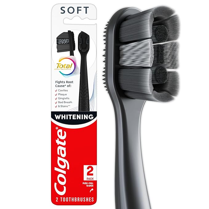 Colgate Total Active Prevention Soft Bristle Whitening Toothbrushes, Soft Toothbrush with Charcoal Infused Bristles, Helps Whiten and Reaches Deeper Along The Gumline and Between Teeth, Black, 2 Pack