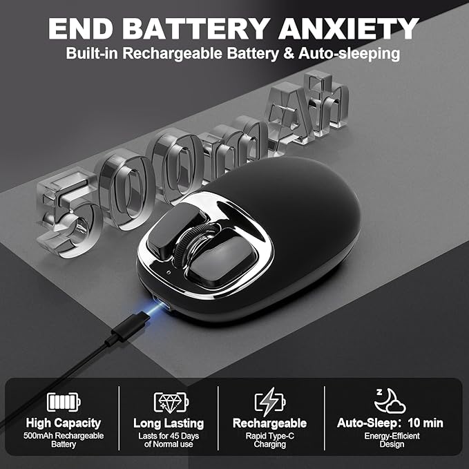YUNZll C1 Silicone Wireless Mouse, Tri-Mode 2.4G/USB-C/Bluetooth Mouse, 4800 DPl Optical Tracking, 6 Adjustment Levels,Customize Mice for Laptop, Computer, iPad, MacBook (Black Silver)