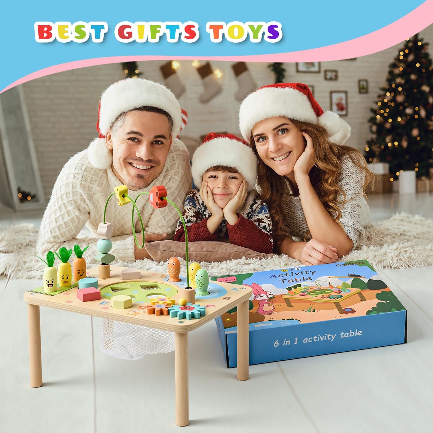 WINGYZ Activity Table, 6 in 1 Wooden Montessori Activity Center with Bead Maze Shape Sorter Fishing Game, Kids Sensory Play Table Toddler Toys 1st Birthday Gifts Boy Girl(Morandi)