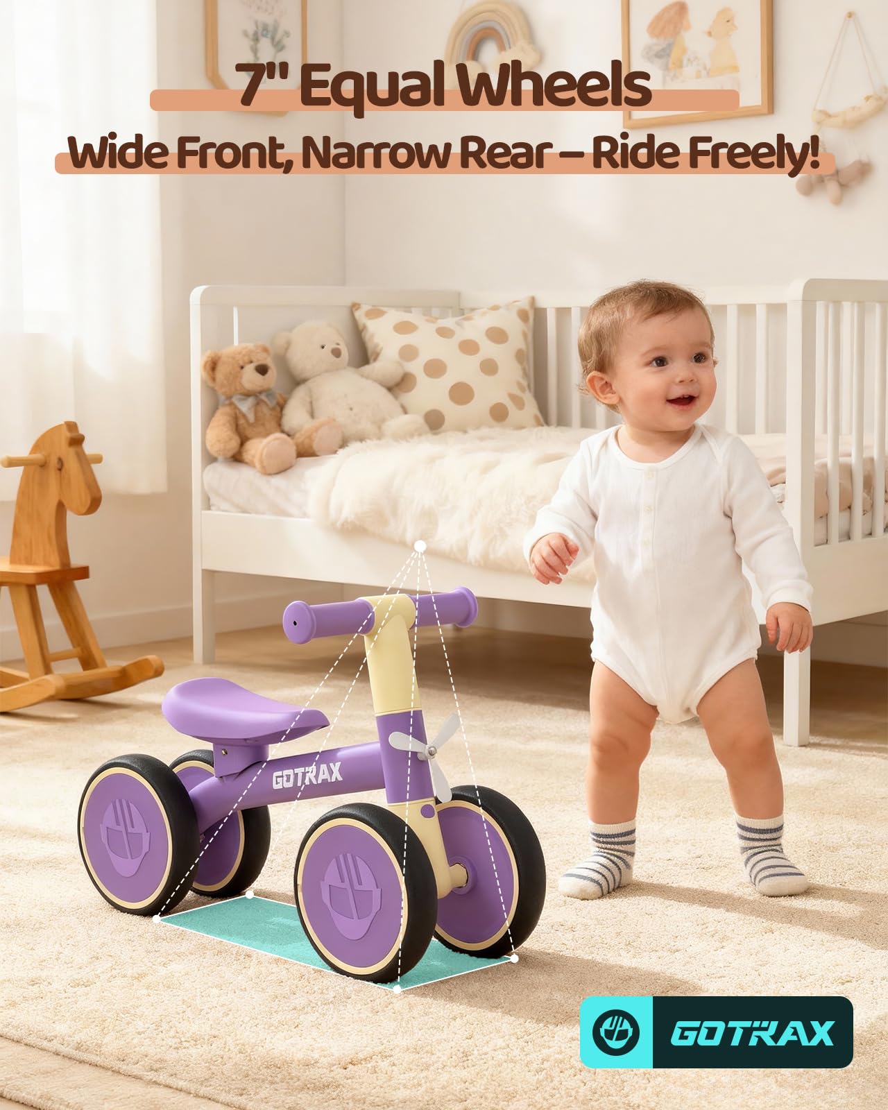 Gotrax Baby Balance Bike 1-2 Years, 7" Front&Rear Silent Wheels, Sturdy Steel Frame 66 lbs Load, Quick 2-Min Assembly, CPC Certified, Comfortable Soft Seat, Toddler Birthday Gift for Boys&Girls Purple