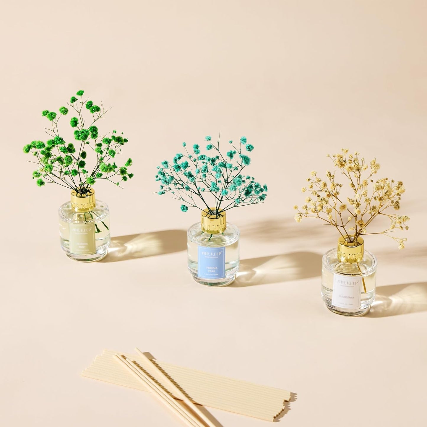 Airkeep Reed Diffuser Set of 3, Jasmine Mint Gardenia Freesia Pear Oil Reed Diffusers for Bedroom Living Room Office Aromatherapy Oil Reed Diffuser for Gift 50ml x 3