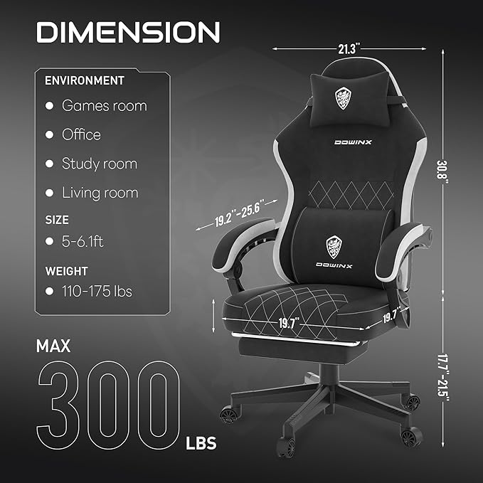 Dowinx Gaming Chair, Fabric Gaming Chairs for Adults with Pocket Spring Cushions and Lumbar Support, Ergonomic Massage Office Chair High Back with Footrest and Linkage Armrests, Black
