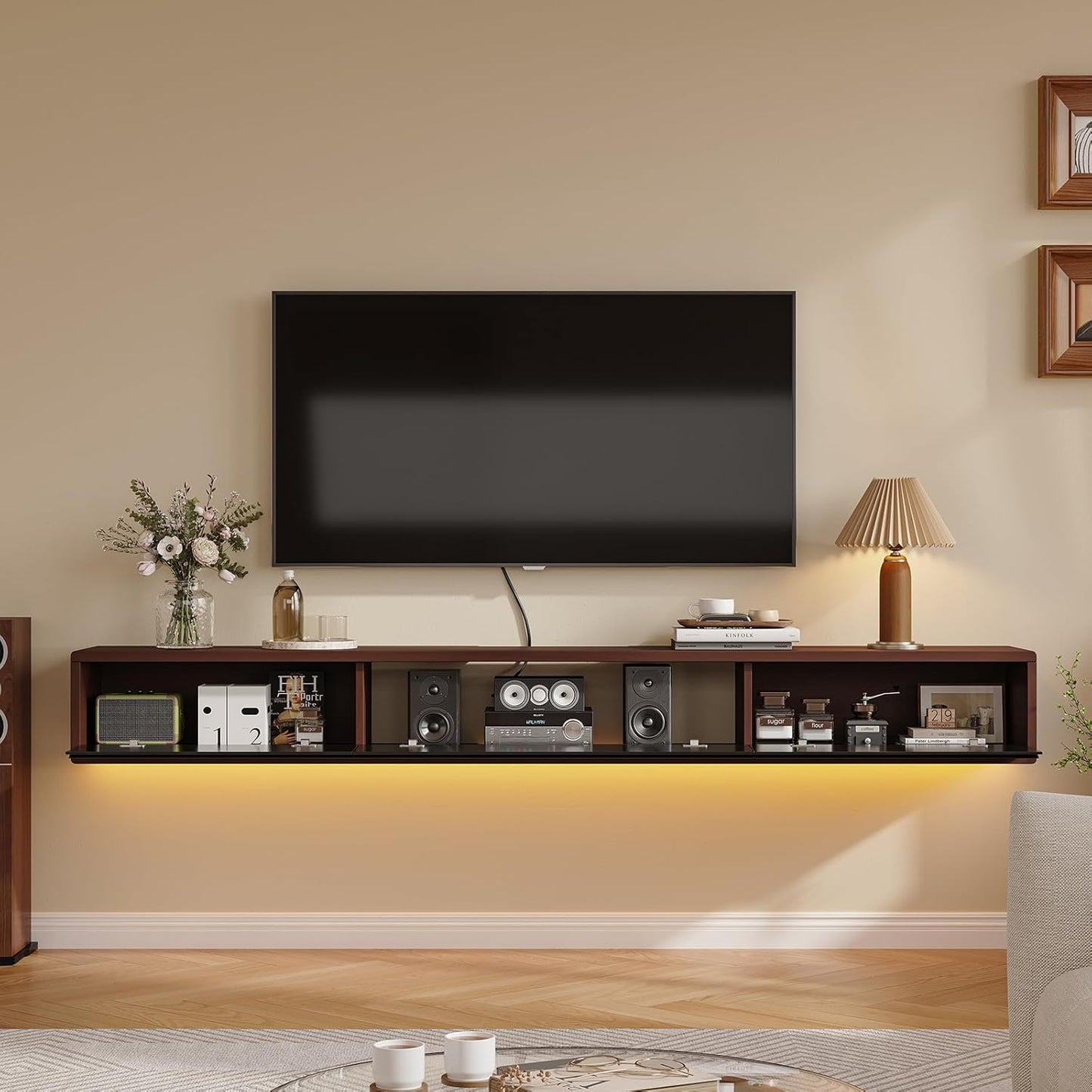 Floating TV Stand Matte Finish, 55'' Wall-Mounted TV Cabinet,Floating TV Console,Under TV Shelf with 3 Doors for Living Room Bedroom(Walnut+Black)