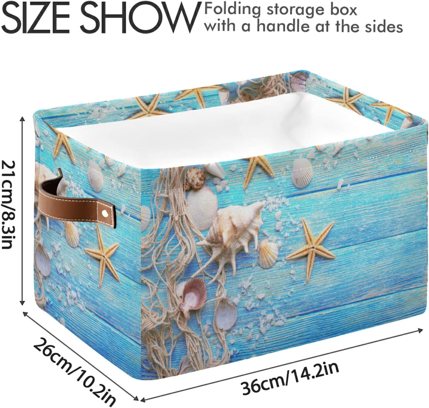 Summer Beach Wooden Starfish Storage Basket Bins, Ocean Nautical Decorative Baskets Storage Box Collapsible Storage Cubes Organizer with Handles for Nursery Shelf Closet Office Home Bedroom,1