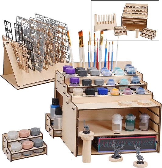 T TOGUSH Model Paint Holder with Adjustable Storage, Wooden Miniature Model Paints Organizer for 36 Paint Holes and 36 Holes of Painting Brushes wtih Model Pieces Shelf