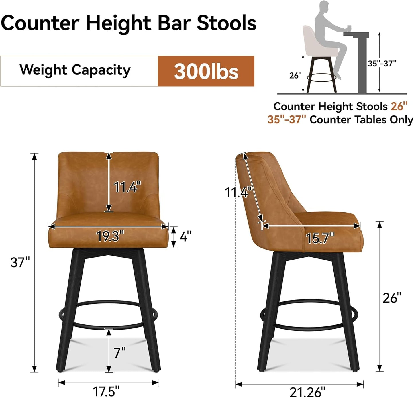 Counter Height Bar Stools Set of 6, Modern Swivel Barstools with Back and Wood Legs, Faux Leather Upholstered Bar Chairs, 26" H Kitchen Counter Stools, Kitchen Island Home Bar, Whisky Brown
