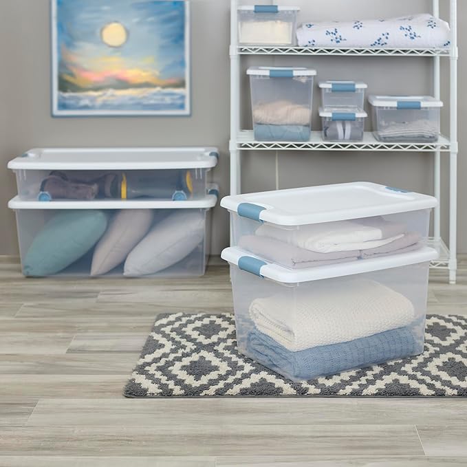 Sterilite 6-Pack Latching Box, Under Bed Storage Bins with Lids, Clear Plastic, 32 Quart - Heavy-Duty Organizing Containers for Closet, Bathroom, and Office