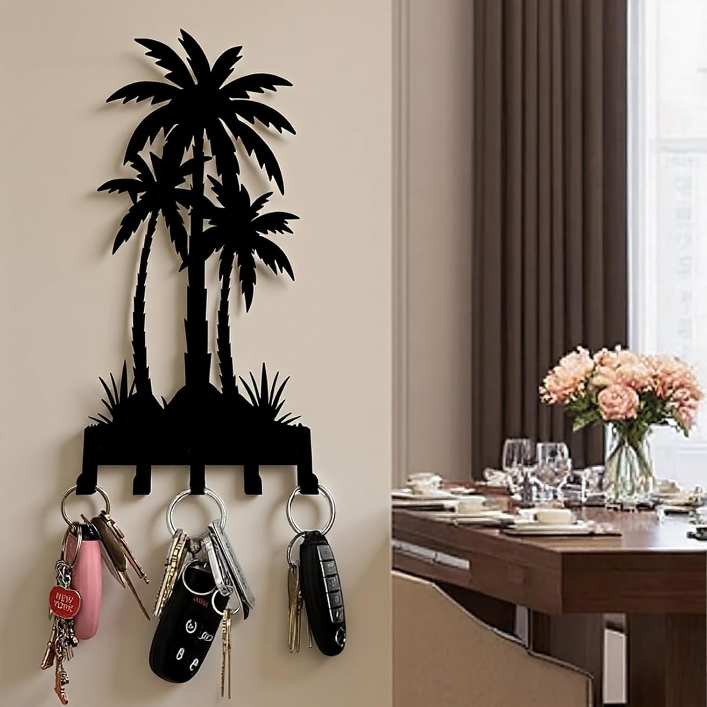 Black Metal Key Holder for Wall,Coconut Trees Key Hooks Wall Mount Whith 5 Hooks,Tropical Style Key Hanger Wall Decor for Front Door,Hallway,Entryway,Office