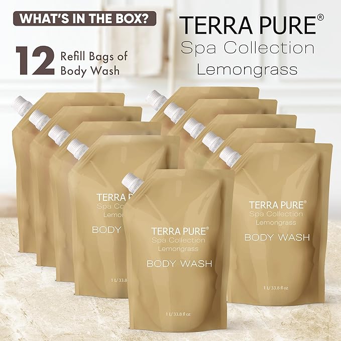 Terra Pure Spa Collection 1 Liter Body Wash Refill Bag For Soap Dispensers | Bulk Toiletries for Vacation Rentals, and Home Bathroom Showers | Green Tea Lemongrass | Set of 12