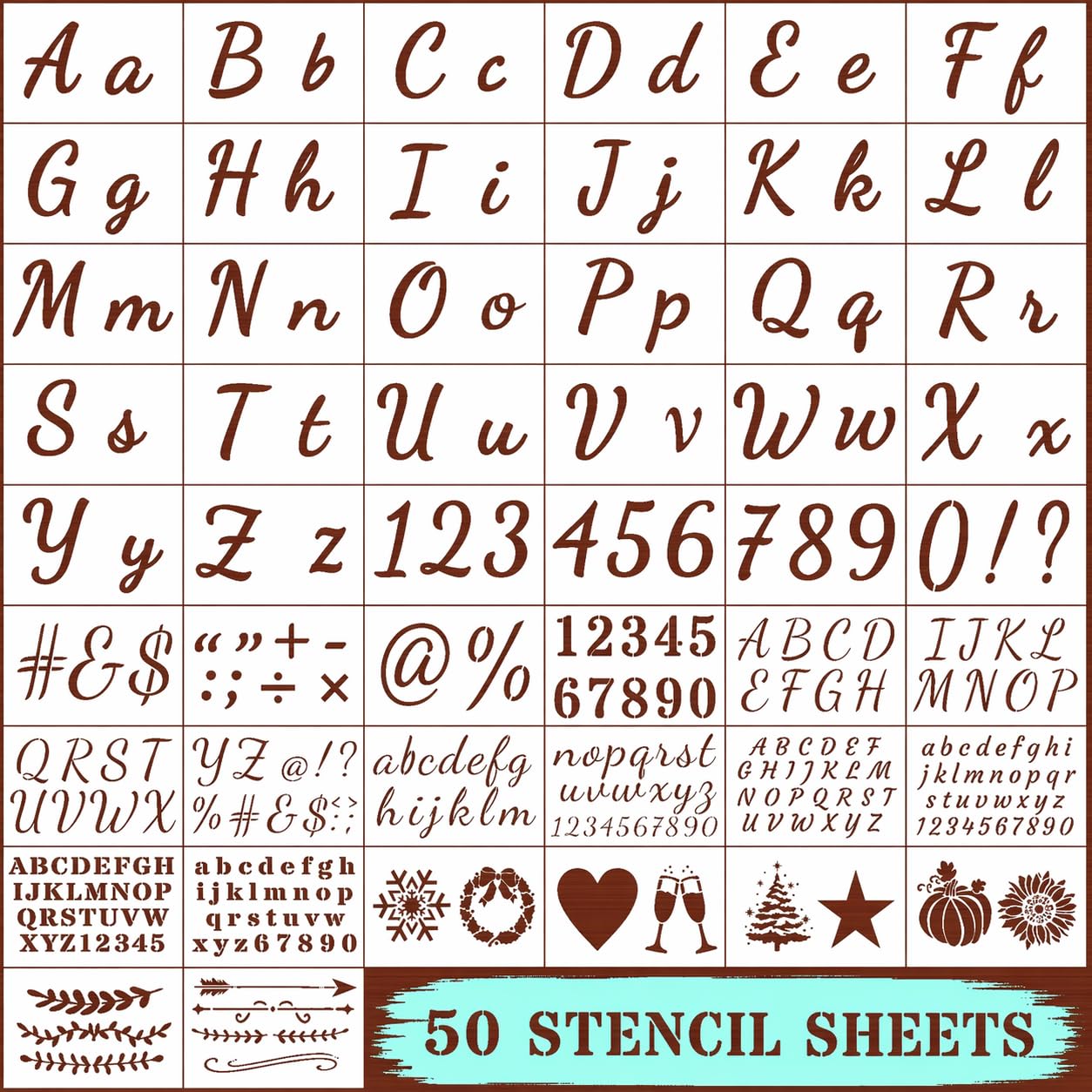 DLY Lifestyle Large Letter Stencils for Painting on Wood - 50 Pc Alphabet & Number Stencils for Crafts Reusable - Custom Cursive Lettering for Signs, Chalkboard, Fabric - Decorative & Seasonal Images