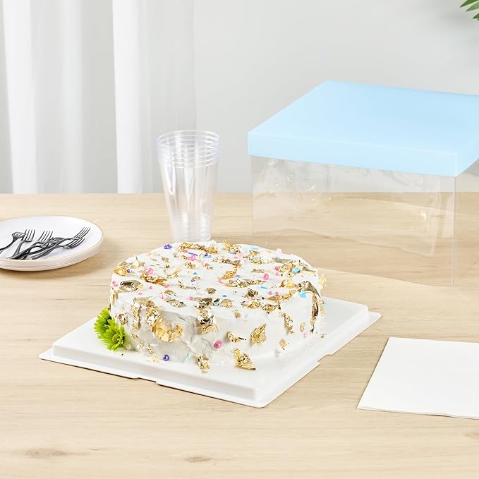 Restaurantware-Sweet Vision 10 Inch x 8.25 Inch Transparent Cake Boxes, 10 Grease Resistant Base Clear Cake Boxes - Blue Lid, Blue Ribbon, Plastic Birthday Box, For Weddings Or Birthdays