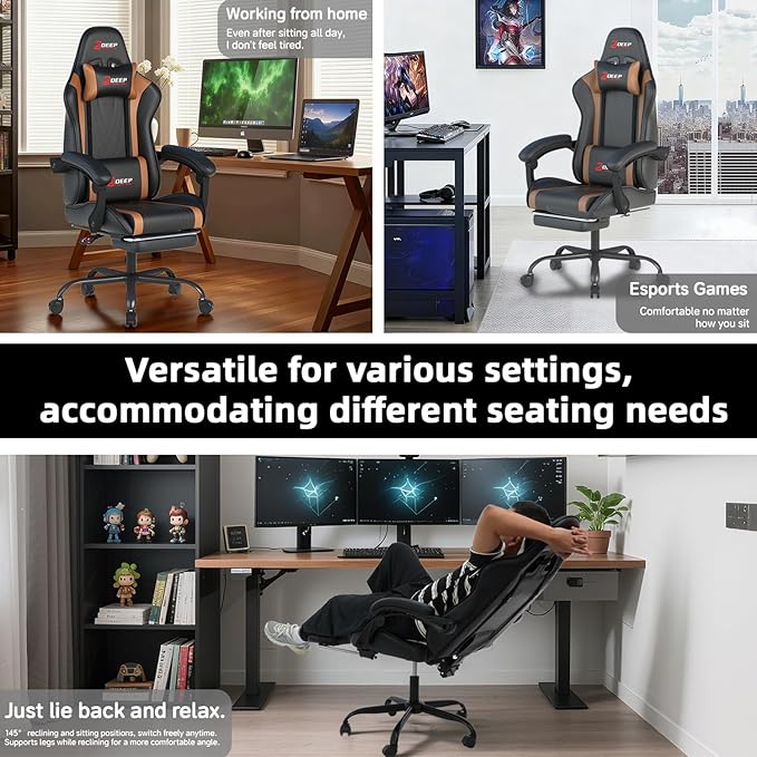 Ergonomic Gaming Chair with Footrest and Lumbar Massage, Racing Office Chair, High Back Computer Desk Chair with Headrest Pillow for Adults, Video Game Chair for PC Gamer (1001-Brown)