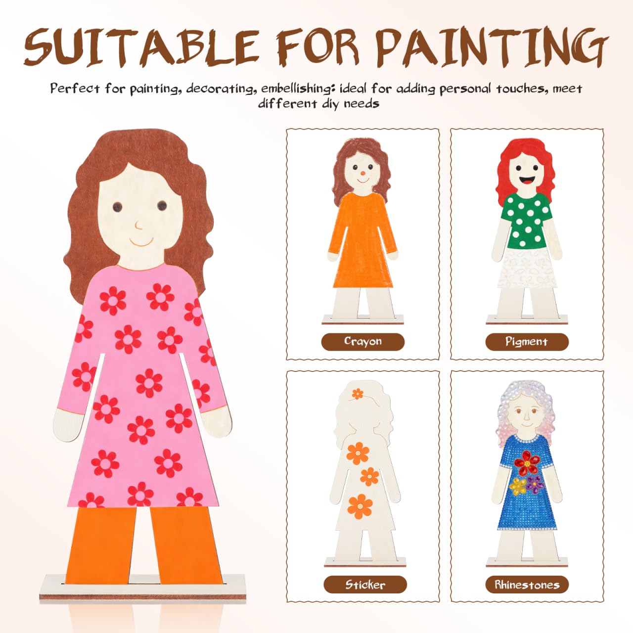 NUOBESTY 20Pcs Standing Wood People Cutouts Girls Manual Blank Wooden Shapes for Crafts Unfinished Woodslices DIY Graffiti Wooden Cutouts Human Decorations Label