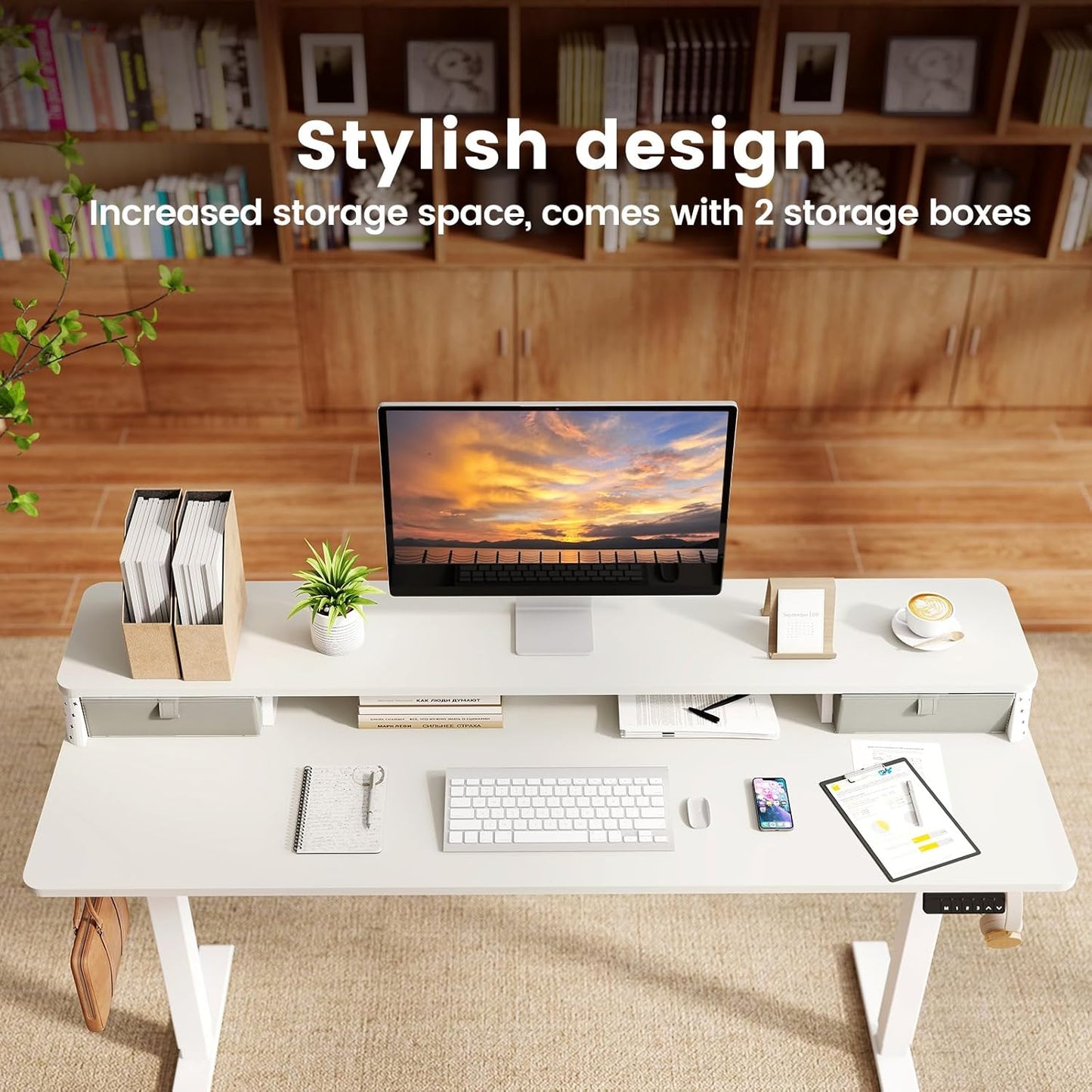 Standing Desk with Drawers and Brushless Motor,Electric Height Adjustable Desk for Walking Pad,Ergonomic Stand Up Desk for Home Office & Gaming,3 Memory Height Preset & Hooks(55" x 24",White)