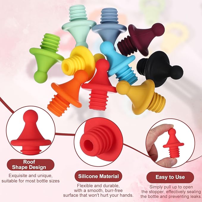 uxcell 3 Pcs Silicone Roof Shape Wine Stopper, Reusable Wine Stoppers Airtight Leak-proof Bottle Plug Liquor Saver with Beer Beverage Bottle Stopper for Bar Holiday Party, Red