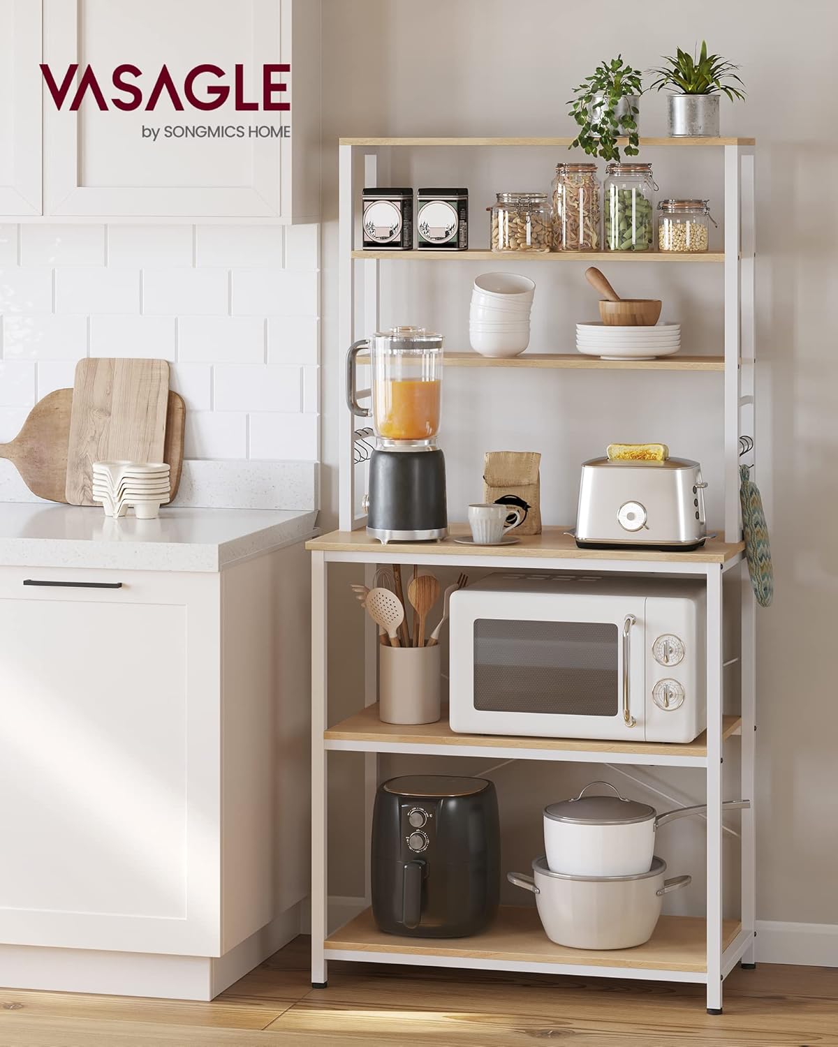 VASAGLE Coffee Bar, 31.5 Inches Baker's Rack for Kitchen with Storage, 6-Tier Kitchen Shelves with 6 Hooks, Microwave Stand, Industrial, Oak Colour and White UKKS019W09