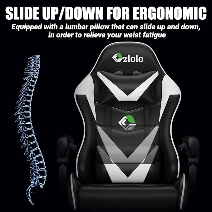 Gaming Chair with Footrest Racing Style Lumbar Support Massager Video Game Chair with Metal Legs, High Back Reclining Gamer Chair with Headrest, 360° Swivel Office Computer Desk Chair (White)