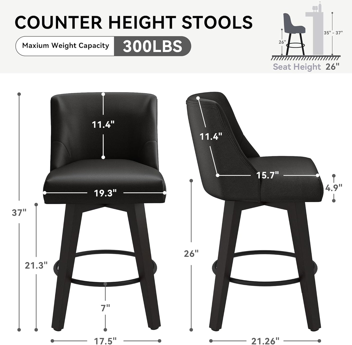 Counter Height Swivel Bar Stools Set of 2, 26 Inch Bar Stools with Footrest, Faux Leather Upholstered Barstools with Back and Solid Wood Legs for Kitchen Island, Dining Room,Pub,Black