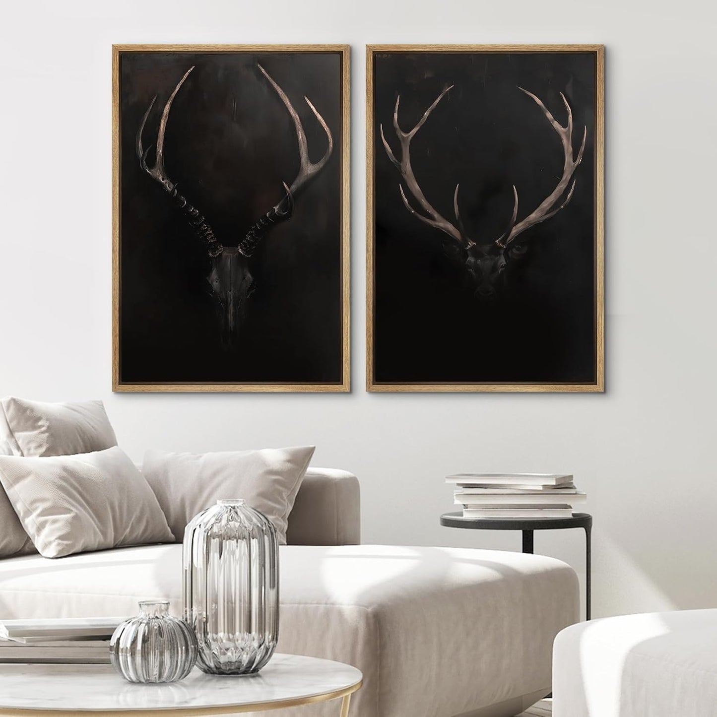 SIGNWIN Framed Canvas Print Wall Art Rustic Antler Skull Dark Dramatic Black Vintage-Inspired Deer and Elk Antlers Illustrations Decorative for Living Room, Bedroom, Office - 24"x36"x2 Natural