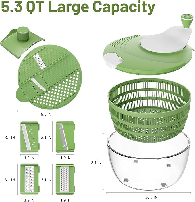 Salad Spinner, 5.3 QT Lettuce Spinner with Strainer, Fruit Cleaner with 4 Replaceable Blade for Shredding, Slicing and Pureeing, Salad Washer & Dryer for Quick Washing (Green)