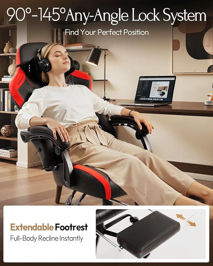 Dowinx Gaming Video Gaming Chair with Shiatsu Neck Massage and Lumbar Support for Home Office High Back Recliner Height Adjustable Ergonomic Comfy Leather Computer Desk Chair (Red)