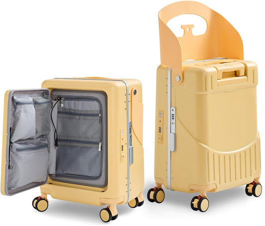 20 Inch Ride on Luggage With Seat For Kids&Adults,with Front Pocket, Foldable Seat Back TSA Approved Lock, 360° Spinner Wheels(20 inch,Yellow)