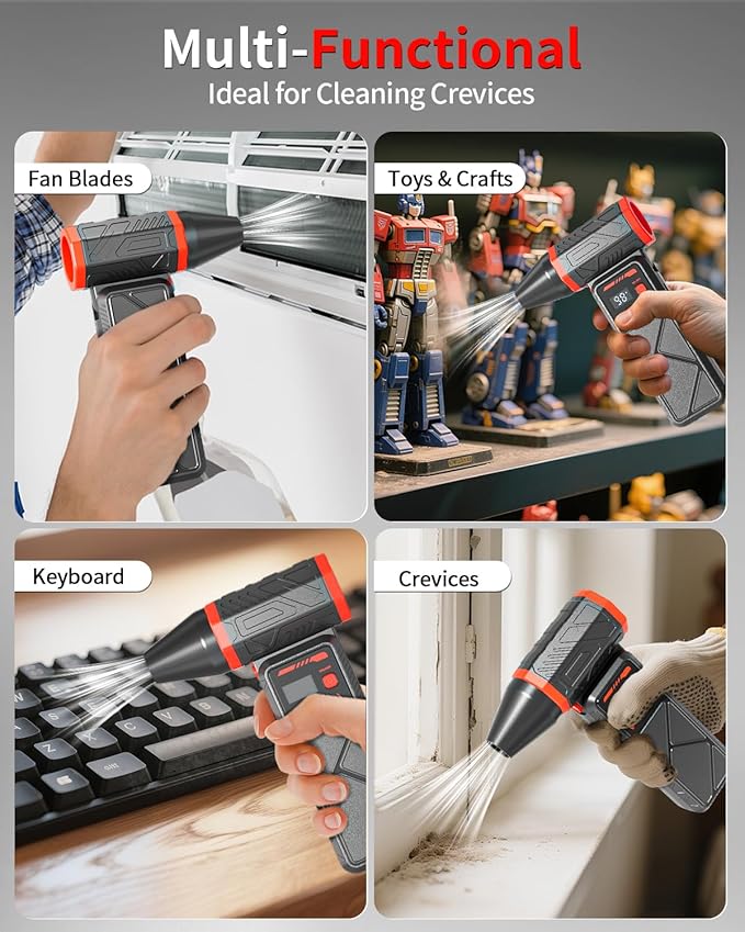 Compressed Air Duster, 150000RPM Electric Air Duster with Stepless Speed, 90° Adjustable Nozzle, Digital Display & LED Light, Cordless Rechargeable Air Blower for Keyboard, Computer, Car, Home,Outdoor