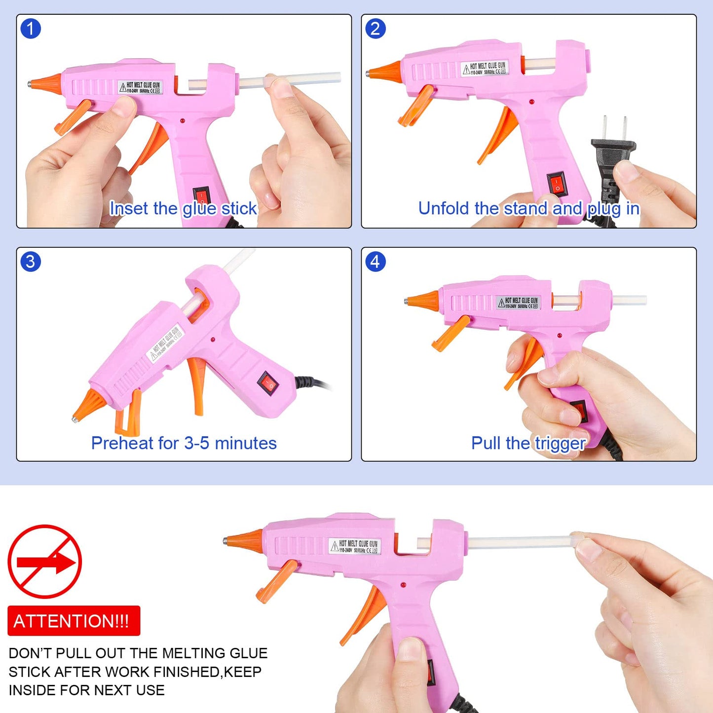 3 Pieces Glue Gun with 15 Glue Sticks, Hot Glue Sticks Mini Hot Glue Gun Kit Fast Preheating Craft Glue Guns for DIY Arts Home School Holiday Decoration, 30W, Blue/Orange/Pink