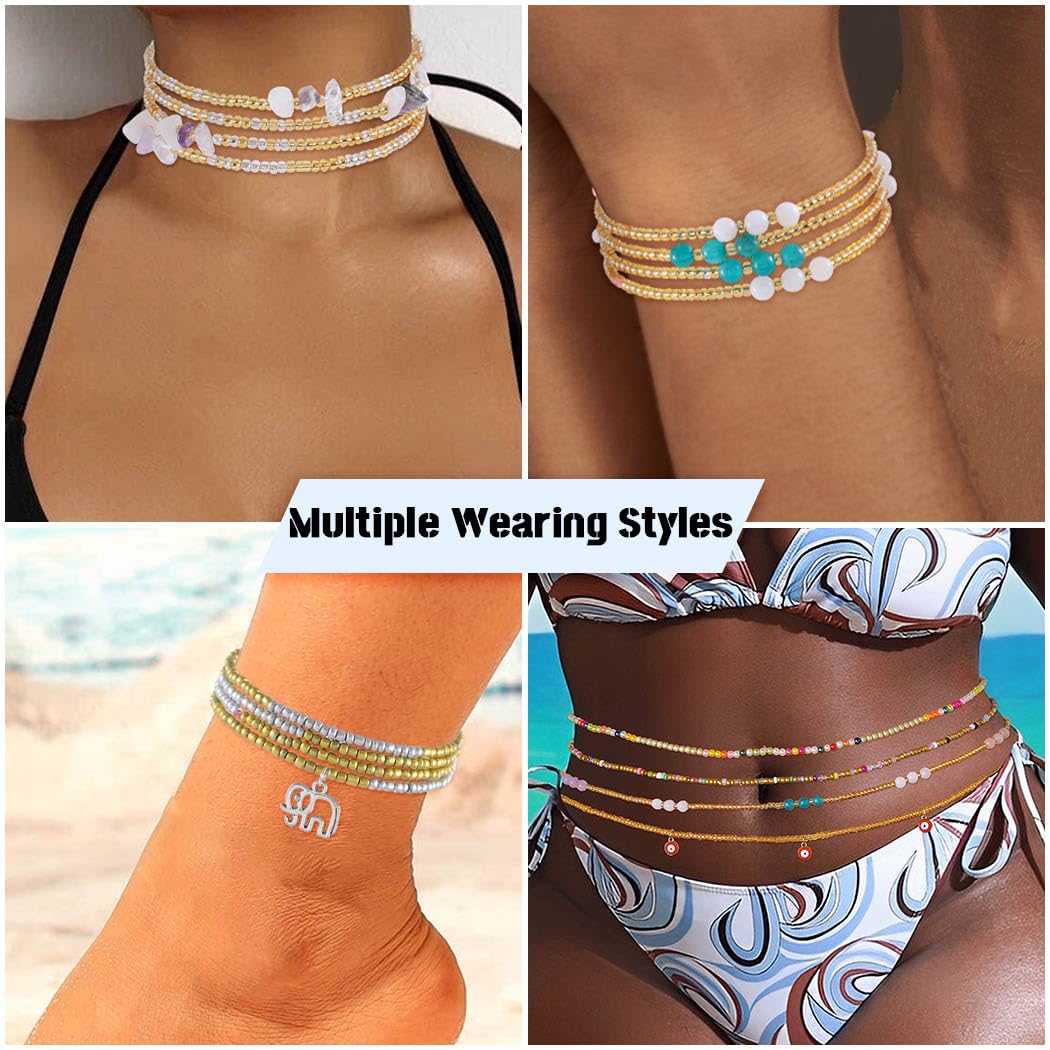 ELABEST 24-39inch African Waist Beads for Women 8Pcs Elastic Belly Beads Colorful Beaded Waist Jewelry Accessories Body Chain (Gold, 23.6inch/60cm)