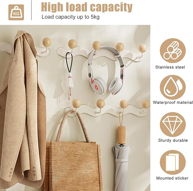 Coat Hooks for Wall, Key Holder Wall Mount, Coat Rack Wall Mount, Wall Hooks for Coats, Hooks for Hanging Hat Towel Purse Robes Mudroom Bathroom Entryway, Beige