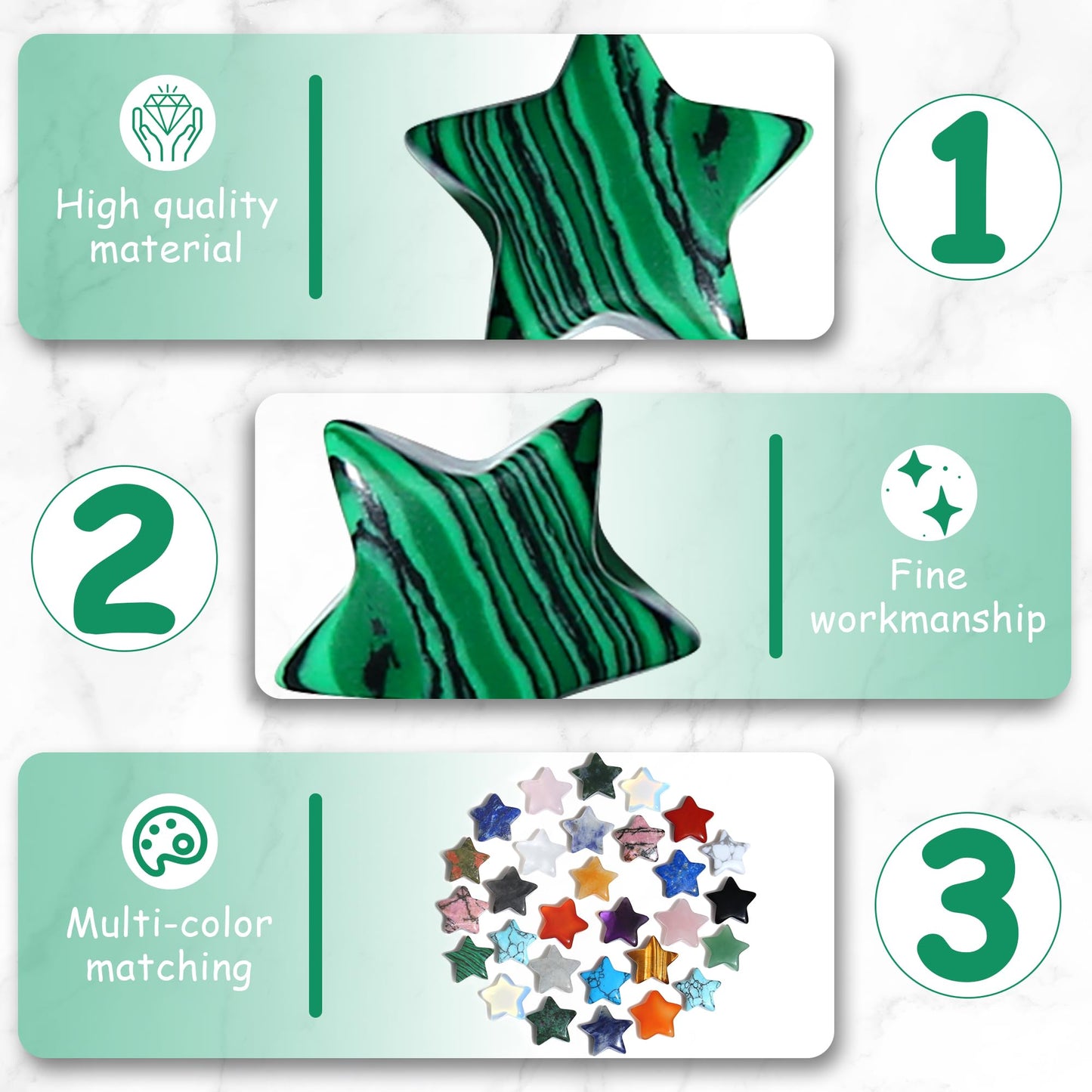 QINJIEJIE 20PCS Malachite Star Crystals Healing Stones Mini Crystal Cute Polished Pocket Stone Thumb Star Gemstones Set Bulk Wholesale Reiki Energy Balancing Star Decor Christmas Day Gifts for Women