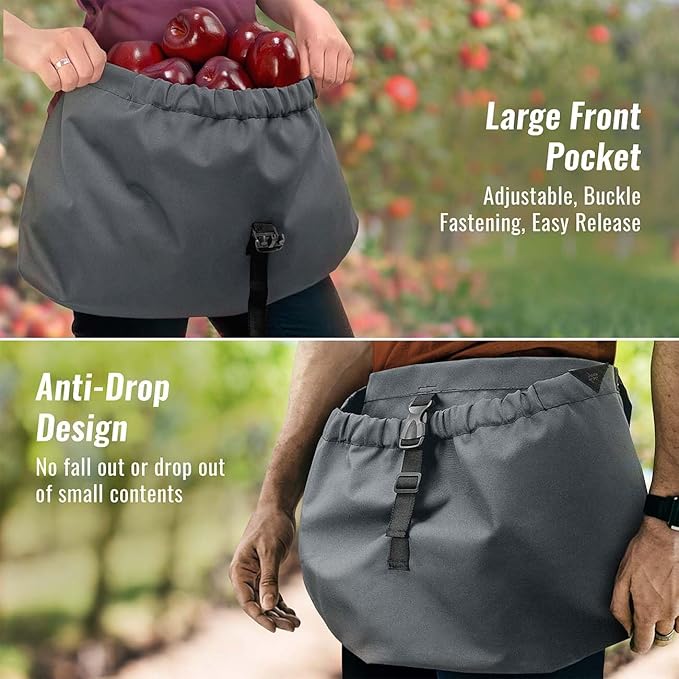 Under NY Sky Garden Half Apron - Big Harvest Pouch, Buckle Closure, Water-Resistant - Landscaping, Orchard, Gardening, Collecting, Planting - Half Apron Grey