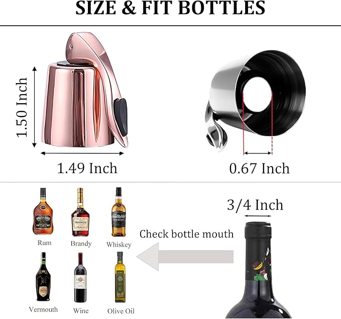 Pafusen Wine Stoppers Set of 2, Stainless Steel Wine Bottle Stopper with Silicone Seal, Reusable Wine Freshness Keep, Wine Saver Wine Bottle Sealer Stopper, Wine Accessories (Rose Gold)